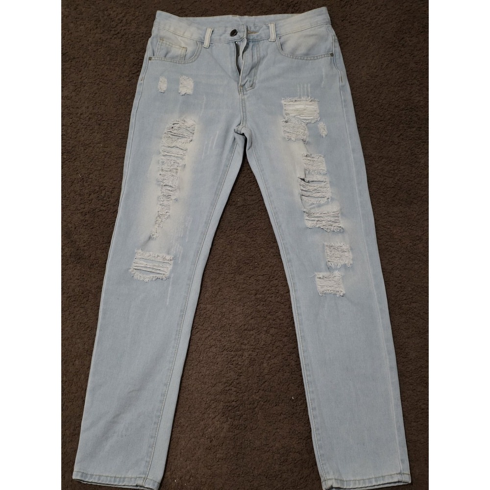 Men's Light Wash Light Blue Distressed Skinny Denim Jeans 5-Pocket Button Zip